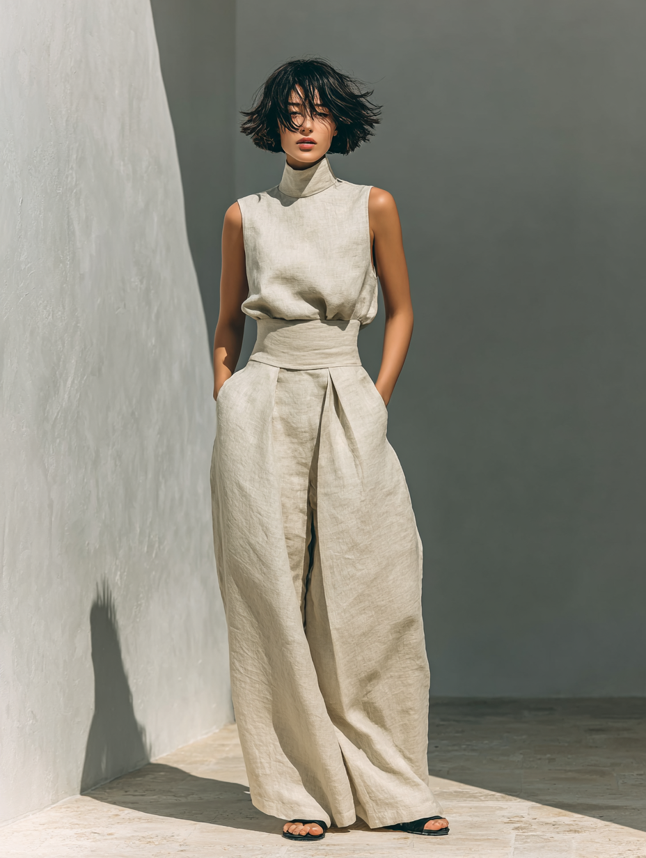 Set di Blusa Senza Maniche e Pantaloni a Gamba Larga in Cotone e Lino Minimalista per Donna