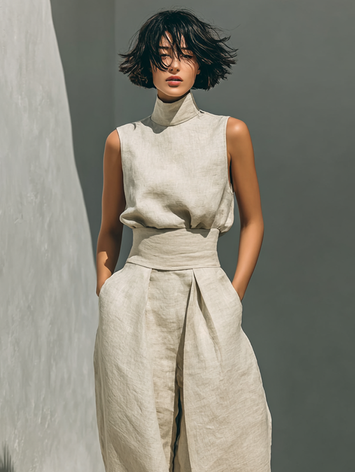 Set di Blusa Senza Maniche e Pantaloni a Gamba Larga in Cotone e Lino Minimalista per Donna