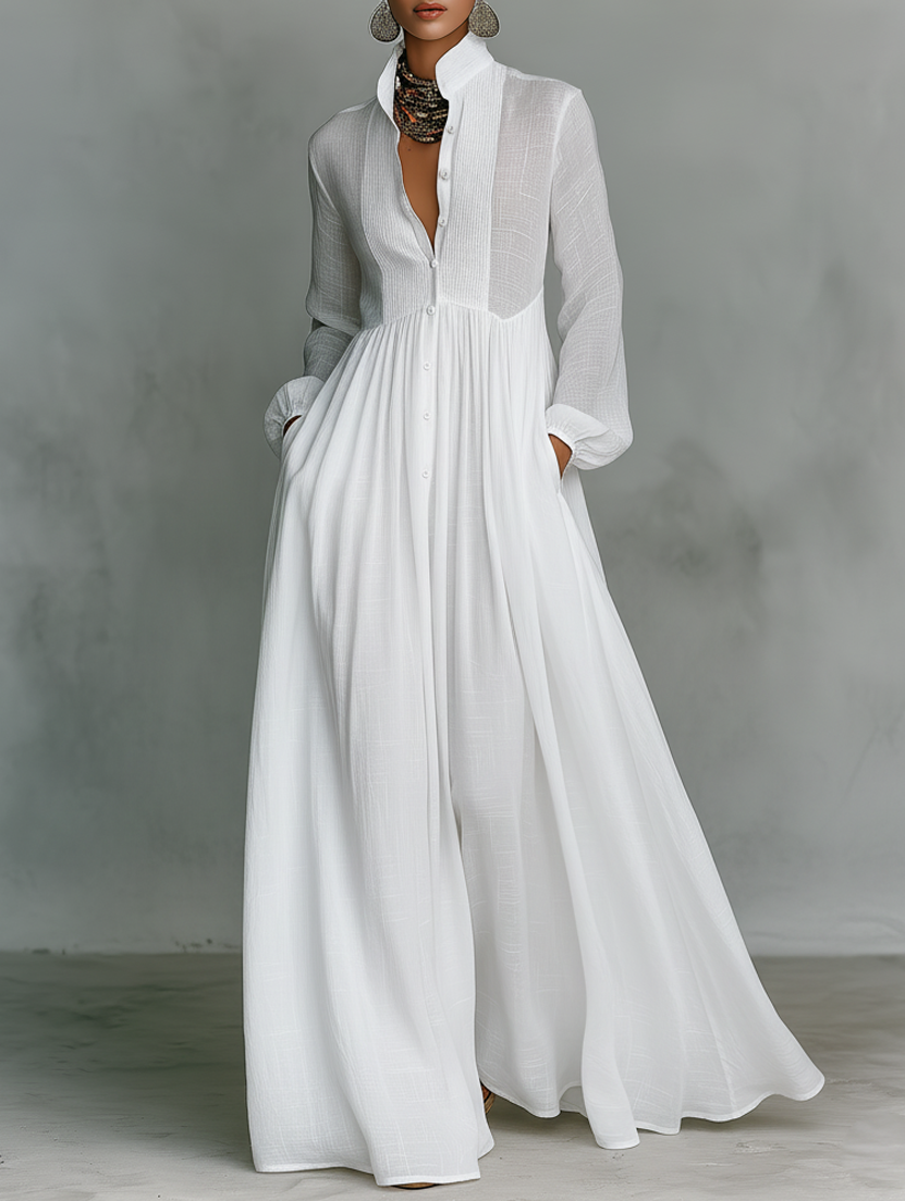 Valentina · Maxi Minimalista in Cotone e Lino con Patchwork, Collo Alto e Maniche Lunghe