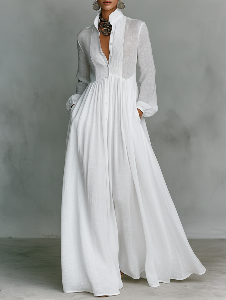 Valentina · Maxi Minimalista in Cotone e Lino con Patchwork, Collo Alto e Maniche Lunghe