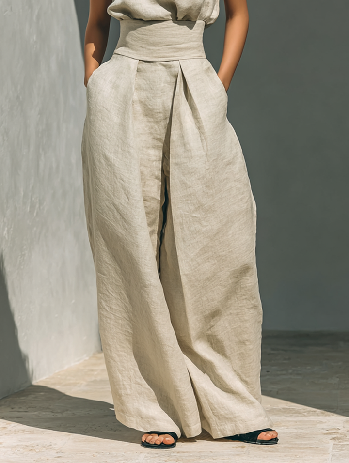 Set di Blusa Senza Maniche e Pantaloni a Gamba Larga in Cotone e Lino Minimalista per Donna