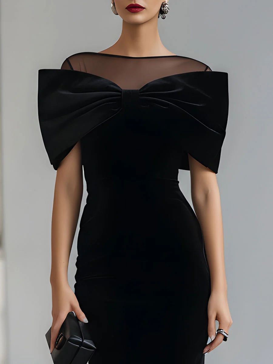 Beatrice ❘ Abito Midi in Velluto Nero Drammatico con Fiocco