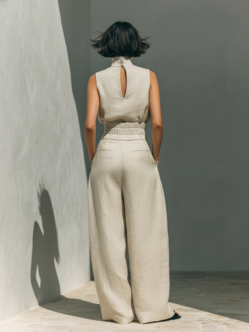 Set di Blusa Senza Maniche e Pantaloni a Gamba Larga in Cotone e Lino Minimalista per Donna