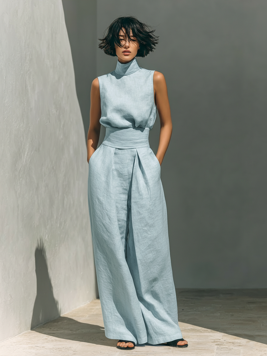 Set di Blusa Senza Maniche e Pantaloni a Gamba Larga in Cotone e Lino Minimalista per Donna