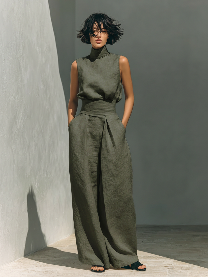 Set di Blusa Senza Maniche e Pantaloni a Gamba Larga in Cotone e Lino Minimalista per Donna