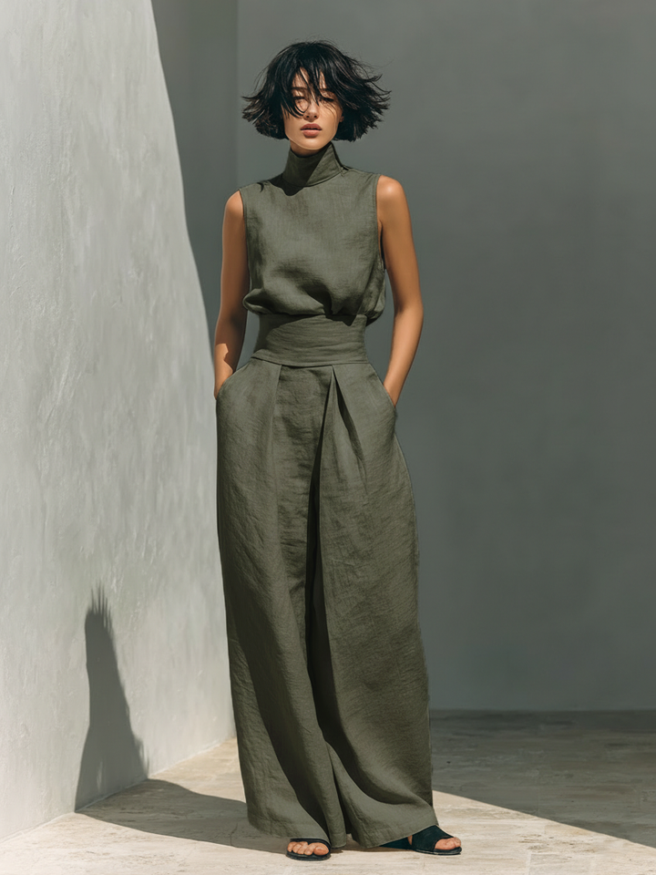 Set di Blusa Senza Maniche e Pantaloni a Gamba Larga in Cotone e Lino Minimalista per Donna