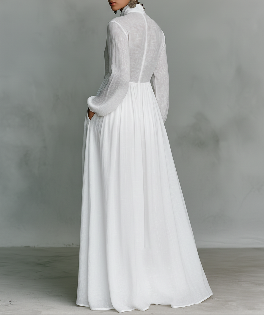 Valentina · Maxi Minimalista in Cotone e Lino con Patchwork, Collo Alto e Maniche Lunghe