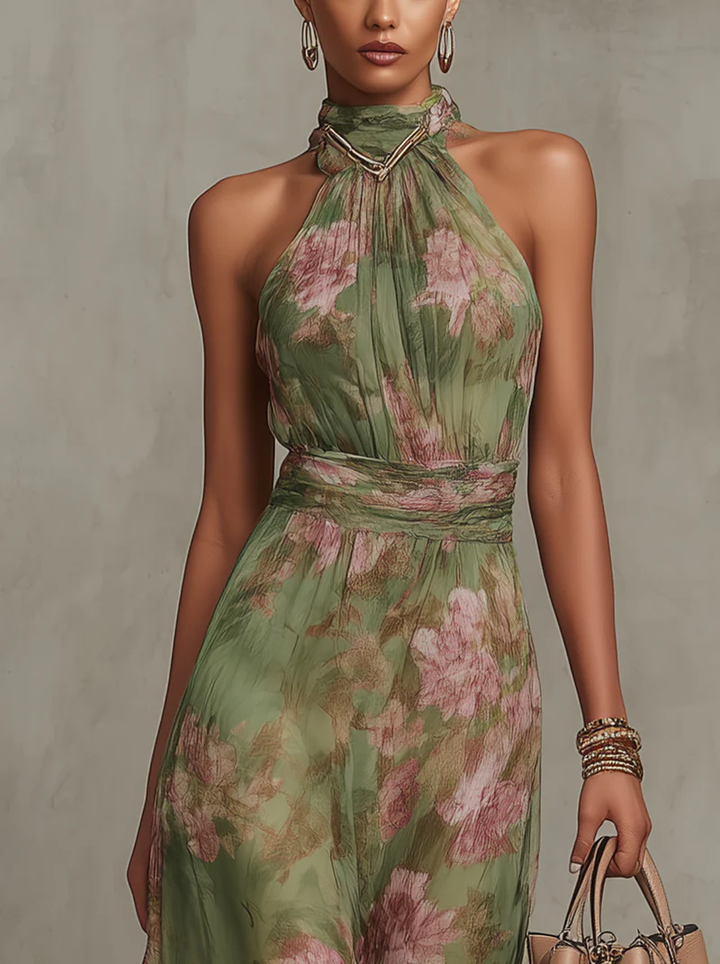 Erminia - Abito Maxi Halter Floreale Elegante