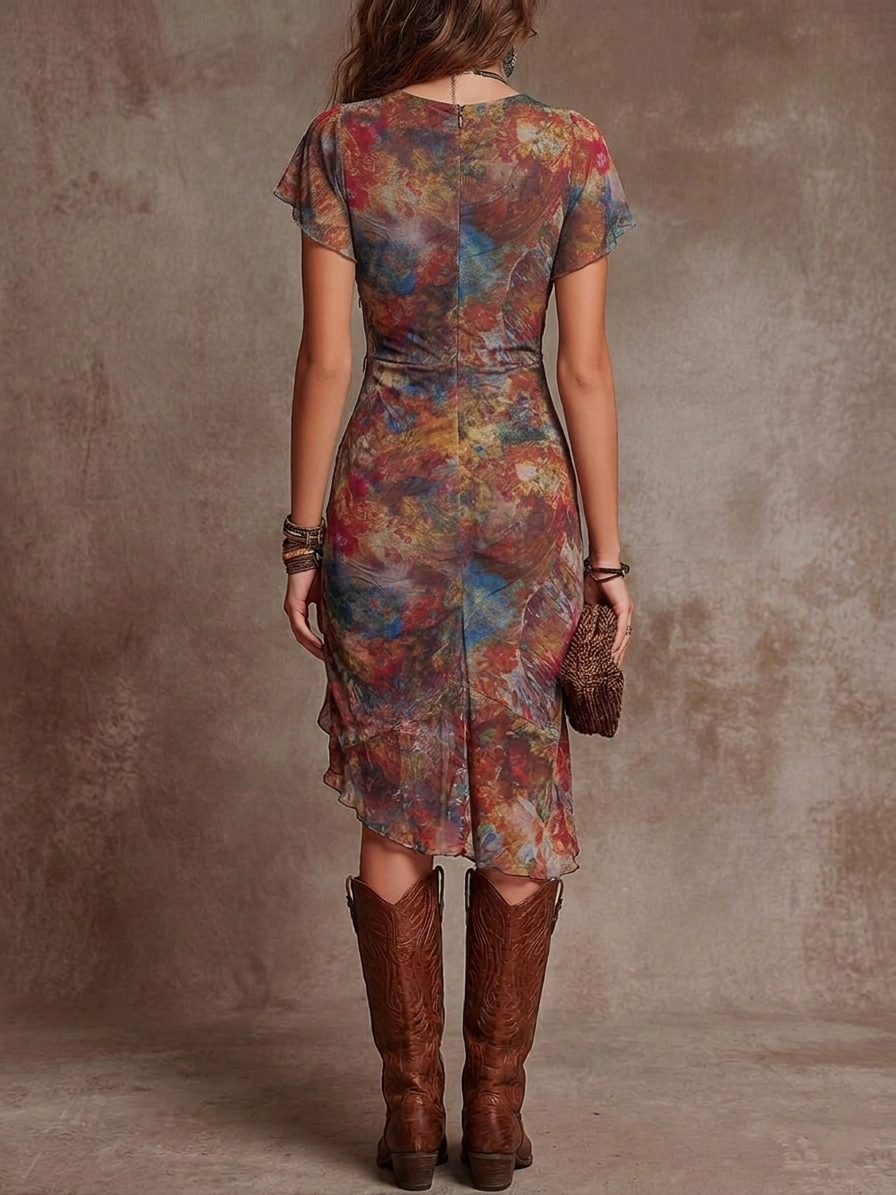 Caterina | VESTITO MIDI PLISSETTATO CON SCOLLO A V, STAMPA D'ARTE ASTRATTA IN STILE BOHEMIANO