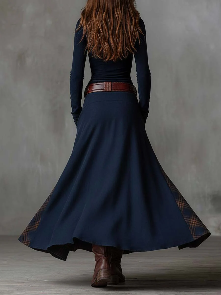 Alessia | Vestito lungo vintage in camoscio a quadri blu navy (Include Cintura)