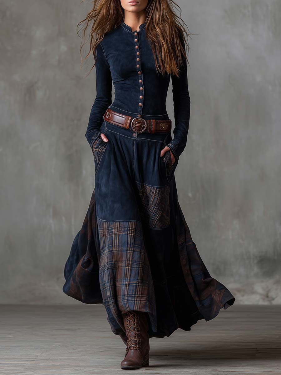 Alessia | Vestito lungo vintage in camoscio a quadri blu navy (Include Cintura)