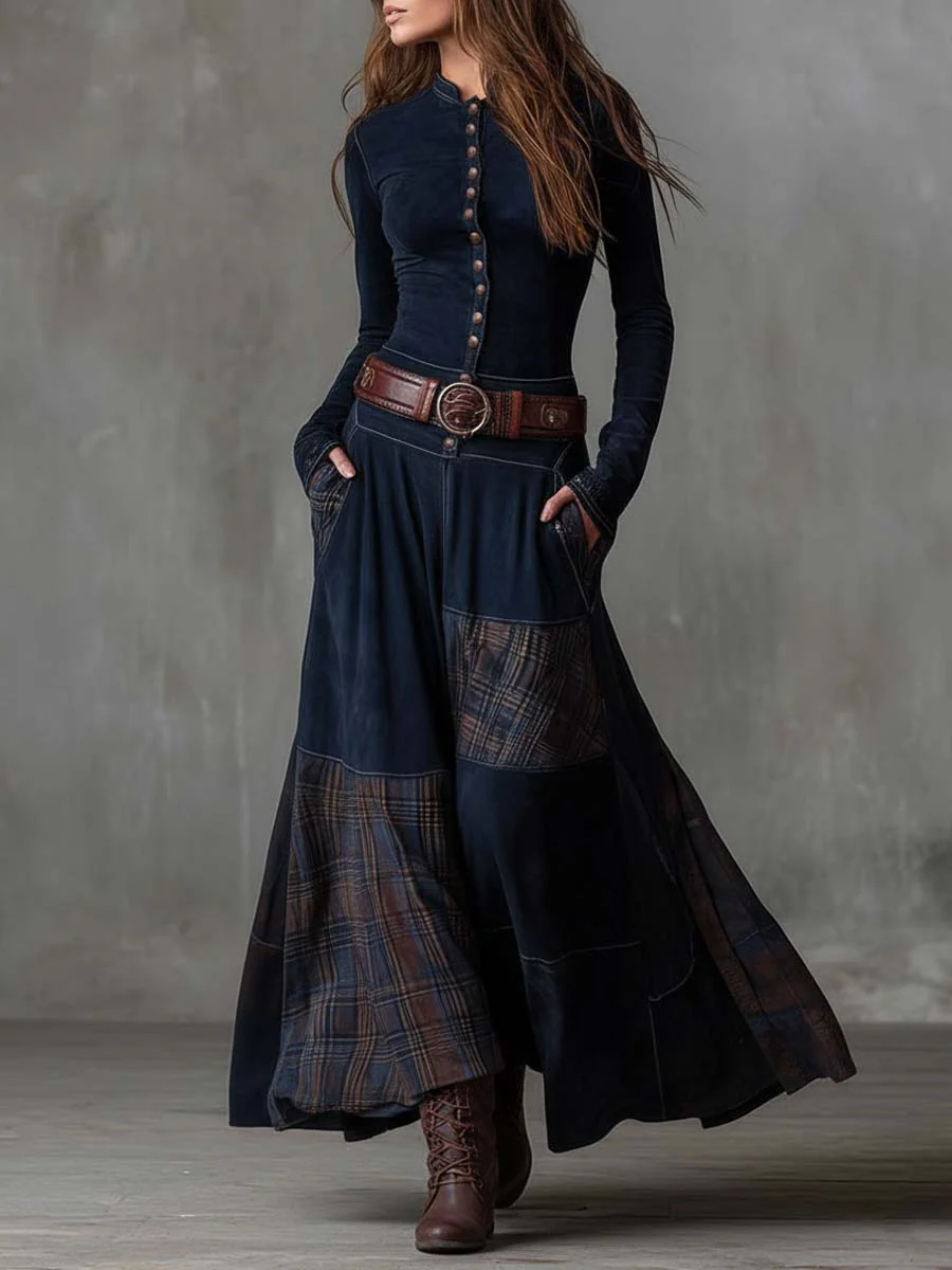 Alessia | Vestito lungo vintage in camoscio a quadri blu navy (Include Cintura)