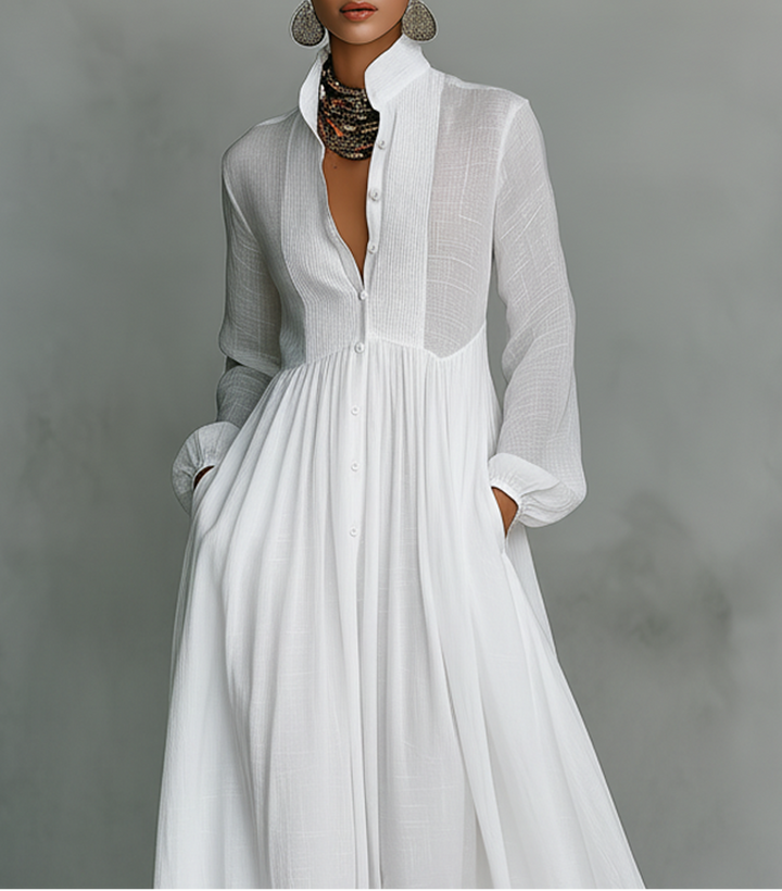Valentina · Maxi Minimalista in Cotone e Lino con Patchwork, Collo Alto e Maniche Lunghe