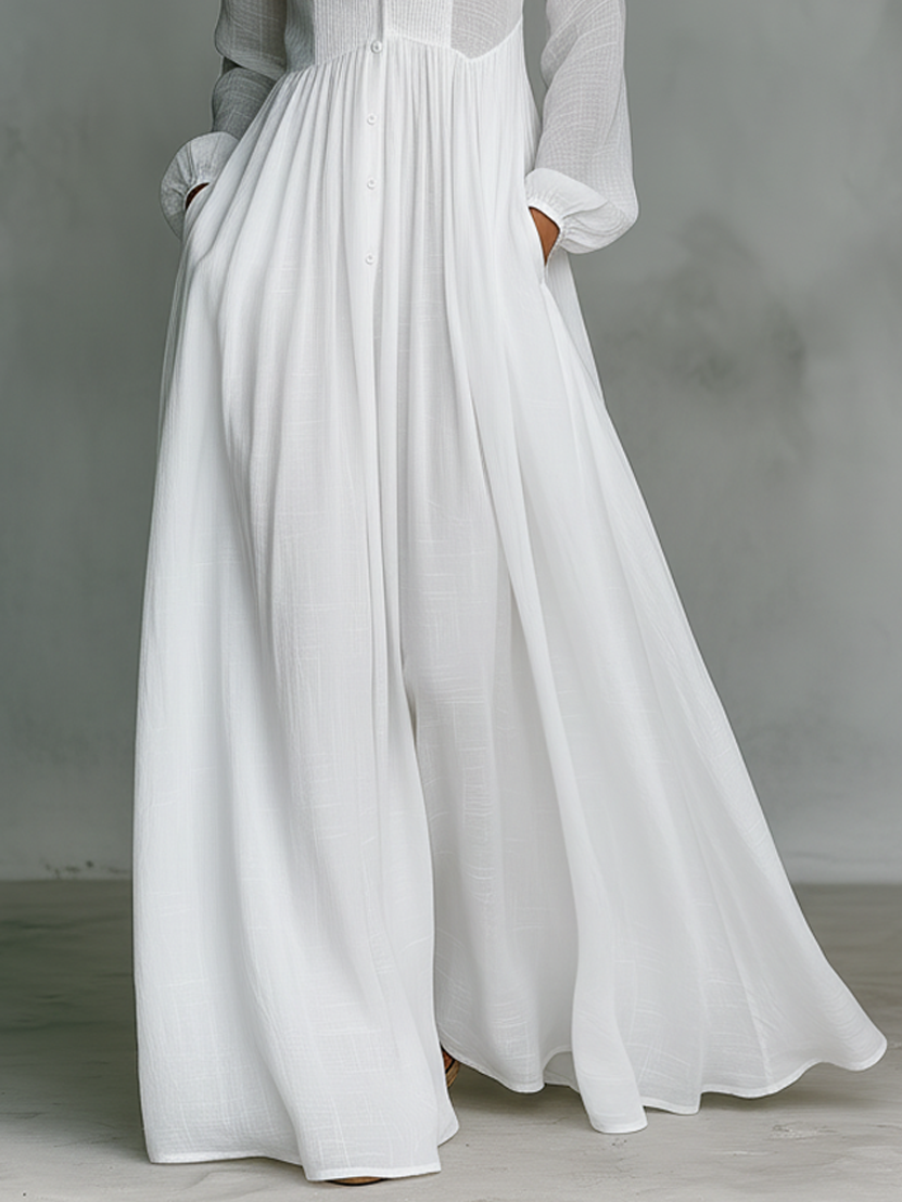 Valentina · Maxi Minimalista in Cotone e Lino con Patchwork, Collo Alto e Maniche Lunghe